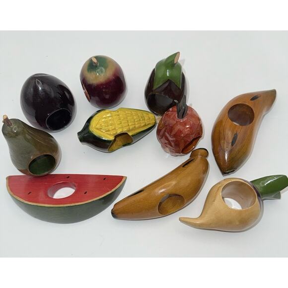 Vintage Wooden Fruit Napkin Rings Set 10 Watermelon Hand Painted 1970’s - Picture 5 of 5